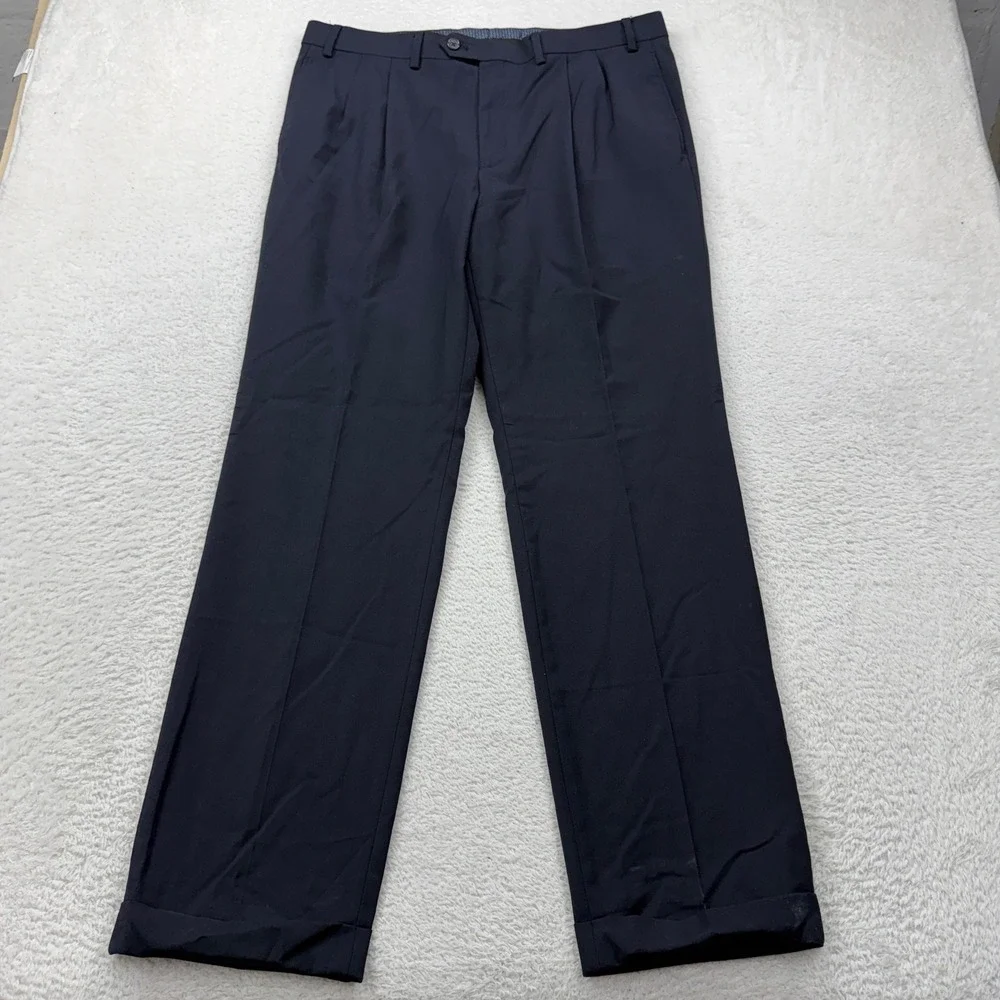 Lauren Ralph Lauren Mens Navy High Performance Wool Pleated Cuffed‎ Pants 35x32